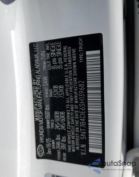 2025 Hyundai Santa Cruz Sel z USA, uszkodzony, nr VIN 5NTJB4DE6SH139682